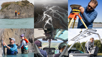 Six-photo collage with pictures of: a man setting up a measurement tool on land near a river; an aerial view of a winding river in New Zealand; two researchers wearing life vests and standing on the edge of a large rock while placing a measurement tool in a river; a researcher configuring a large GPS system to a boat; a man and a woman riding in a helicopter; two researchers configuring a measurement rod in a river.